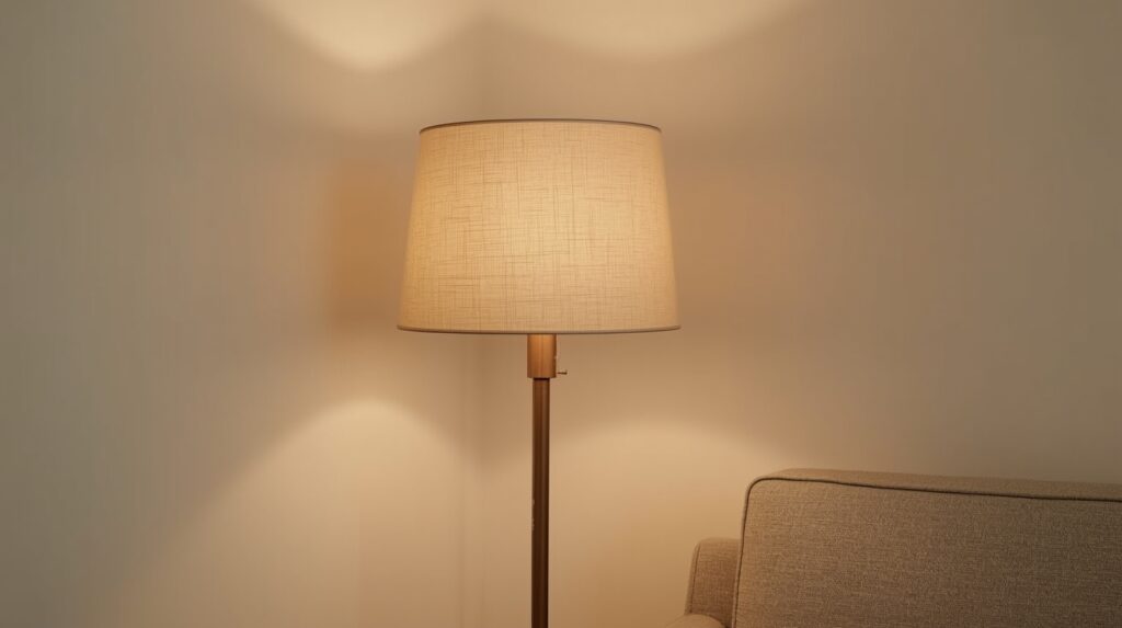 Minimalist floor lamp with warm beige linen shade glowing softly in neutral japandi living room corner beside minimal linen sofa