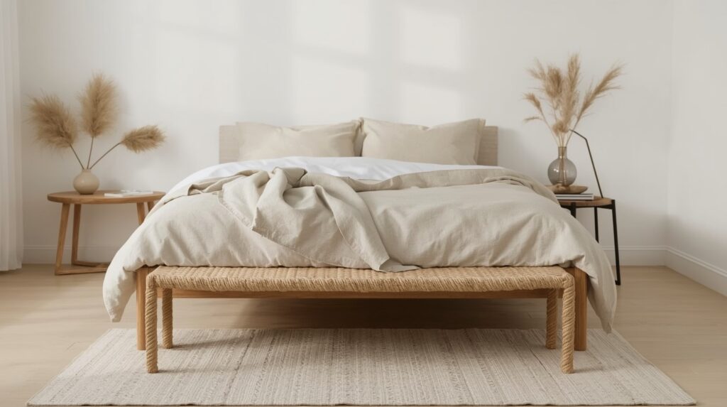 Hand knitted natural rope bench with solid oak frame at foot of low bed frame with linen bedding in warm neutral japandi bedroom