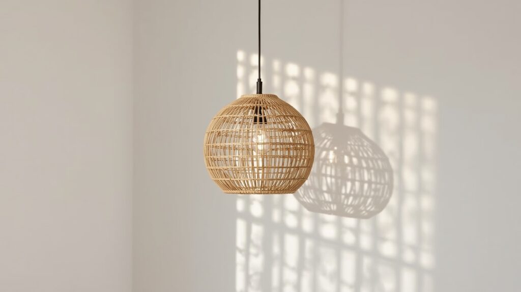 Single woven rattan pendant light casting warm dappled light pattern on white wall in minimalist japandi interior corner