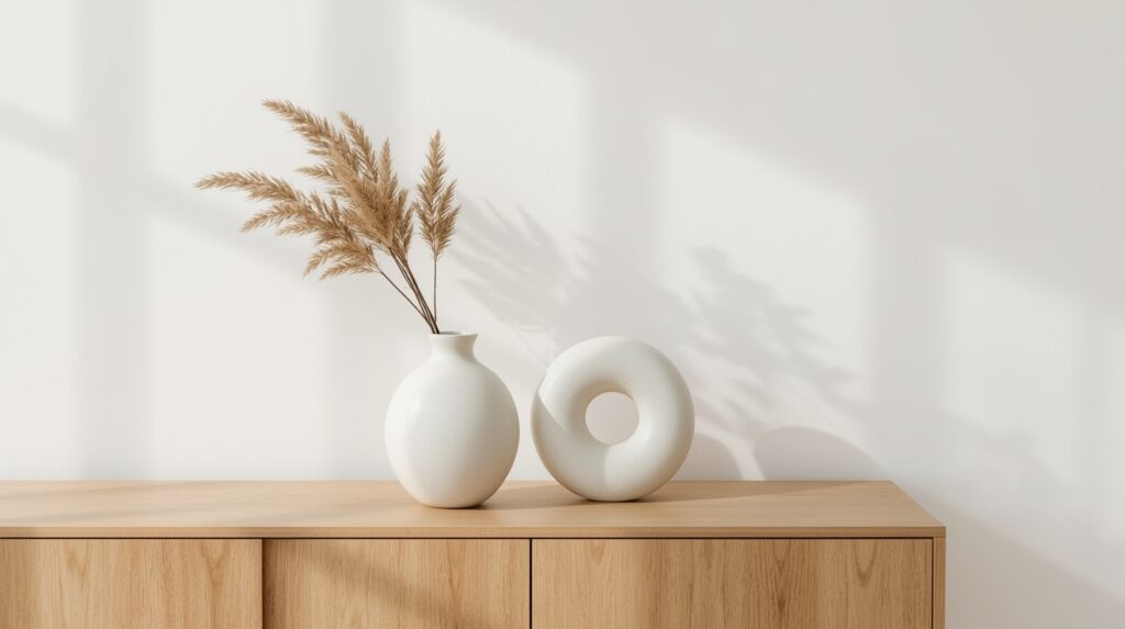 Two white sculptural donut ceramic vases on minimal natural wood console shelf against clean white wall in wabi-sabi japandi interior