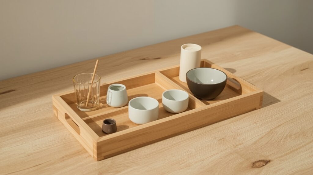 Bamboo expandable tray organizer styled on light oak surface in minimalist home