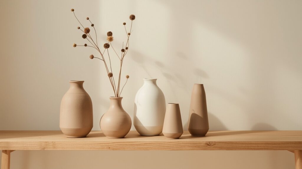 Group of five matte ceramic vases in varying heights on natural wood shelf with single dried stems in warm neutral japandi interior