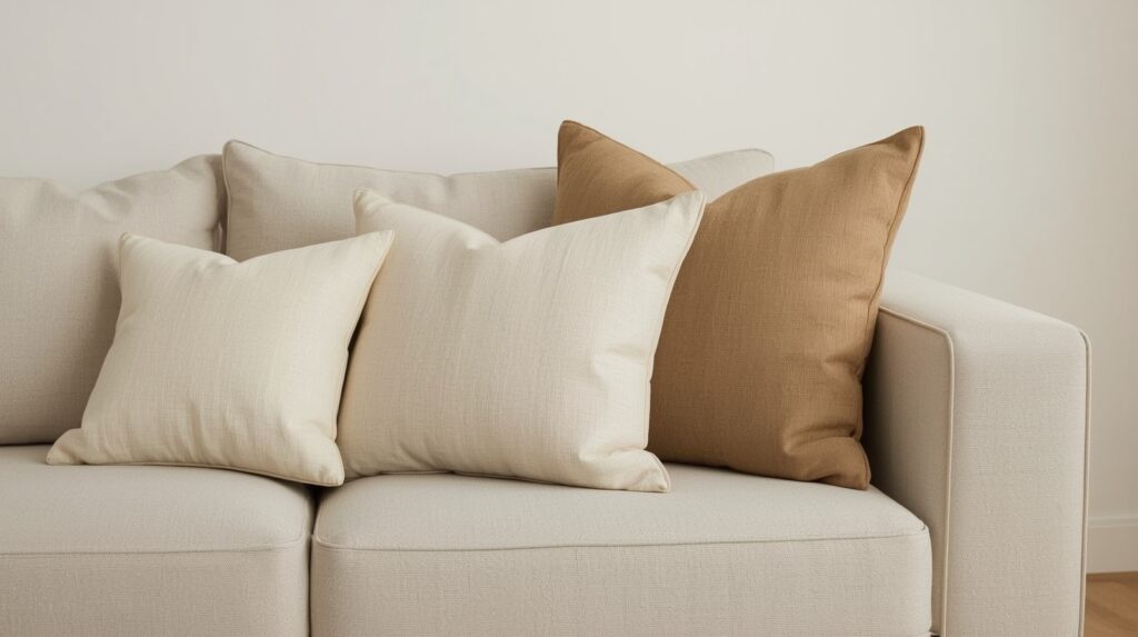 Neutral beige linen euro pillows on minimal sofa in japandi living room