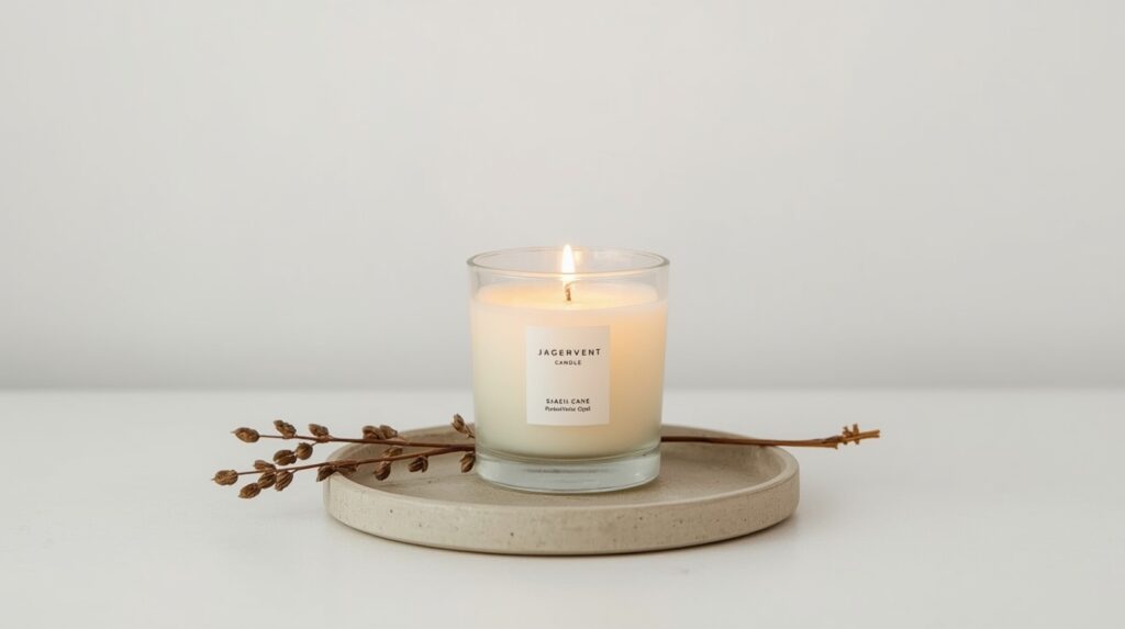 Single minimal glass soy wax candle jar with wooden wick on neutral ceramic tray beside dried botanical stem in warm japandi styled setting