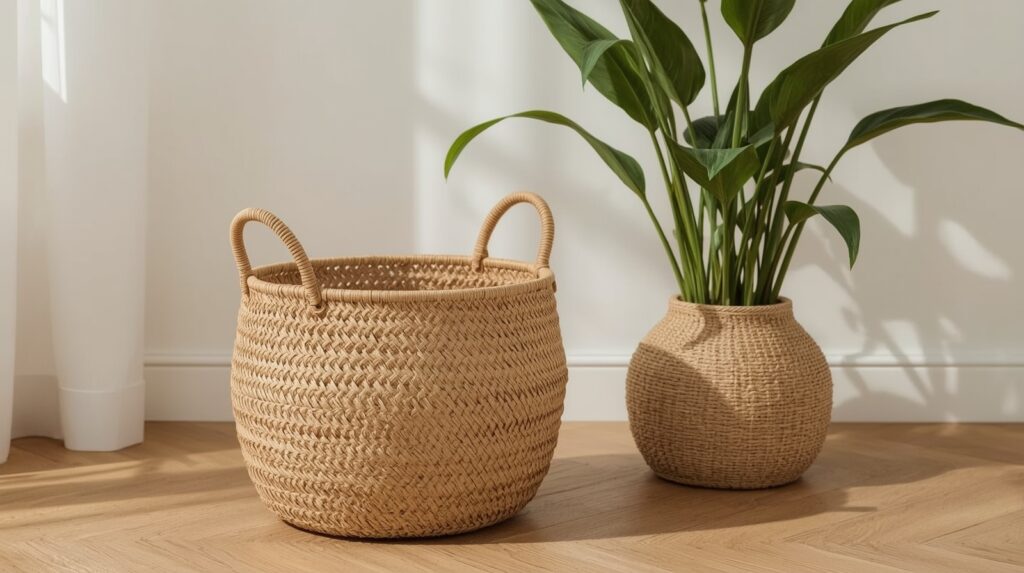 Woven seagrass basket with handles styled in minimalist japandi living room
