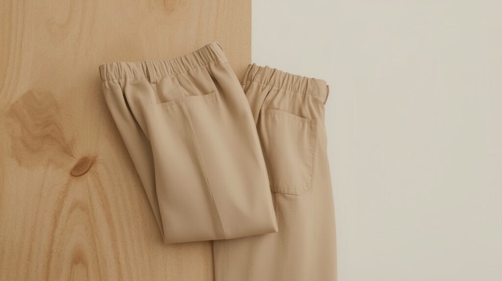 Beige high waisted wide leg business casual trousers neatly folded on natural wood surface in soft warm light with clean neutral background