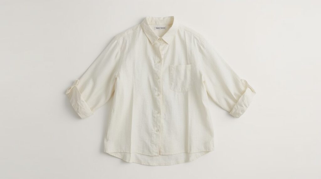 Cream colored V neck button down blouse with roll up sleeves neatly folded on clean white surface in soft natural light neutral fashion styling