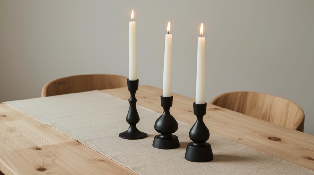 Four matte black retro candlestick holders with white taper candles on natural wood dining table with neutral linen table runner in warm candlelight glow