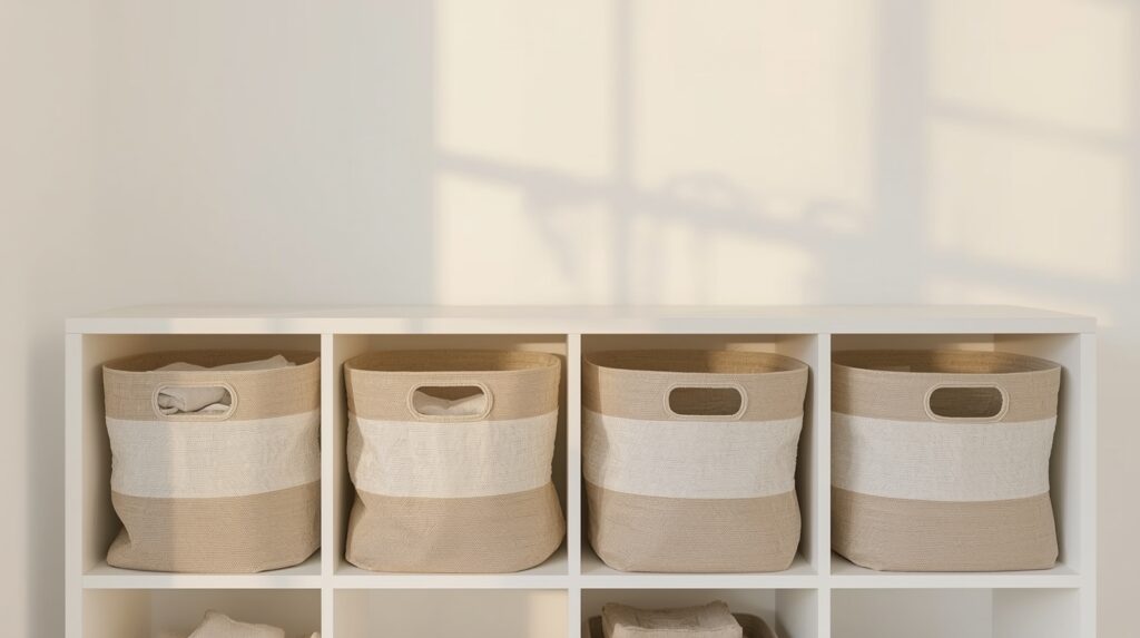 Four neutral fabric storage baskets with handles neatly arranged on white open shelving unit with folded linen textiles inside in clean minimal interior