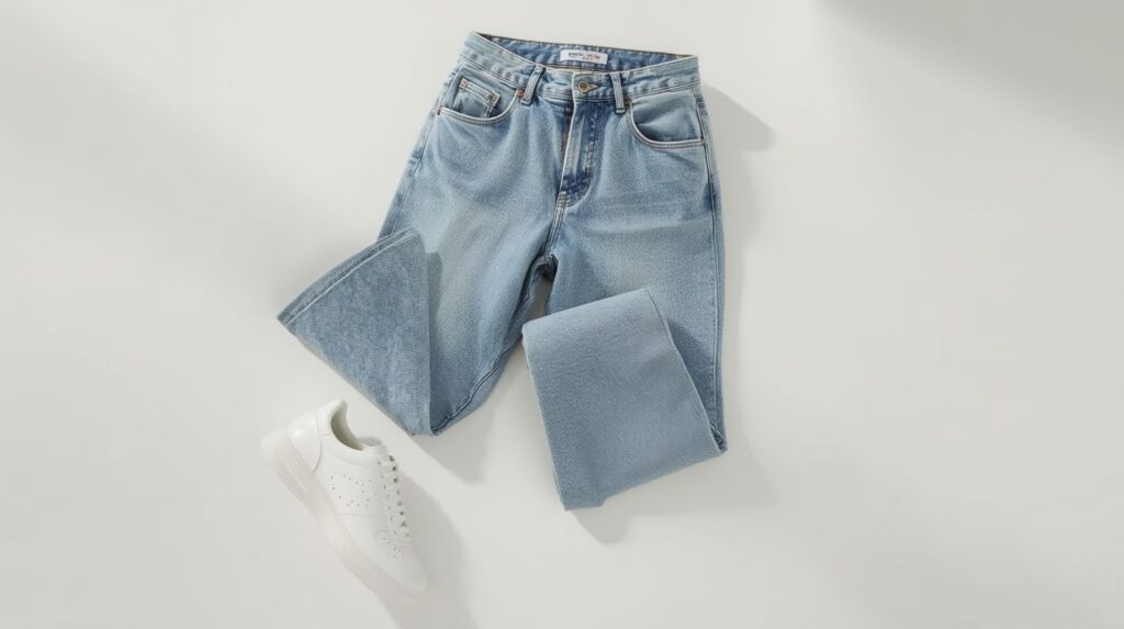 Light wash Levis wedgie straight leg jeans neatly folded on white minimal surface beside single white sneaker in soft natural light