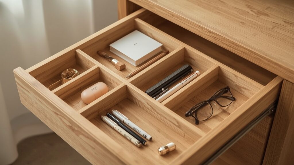 Natural bamboo drawer organizer with adjustable dividers neatly arranged with pens and minimal desk accessories in warm wood tones