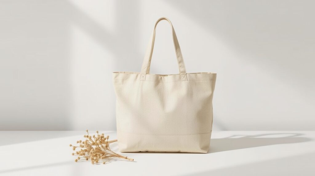 Natural canvas tote bag with top zipper closure on white minimal surface beside small dried botanical sprig in soft natural light