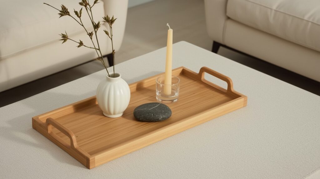 Natural rectangular bamboo serving tray on neutral linen coffee table styled with small ceramic vase, dried stem, smooth river stone and taper candle in warm japandi setting