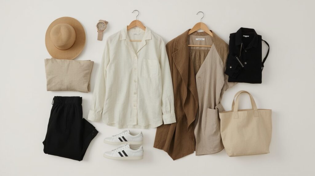 A minimalist capsule wardrobe flat lay featuring a white linen button-down shirt, brown trench coat, black trousers, white sneakers, a tan sun hat, and a canvas tote bag on a white background.