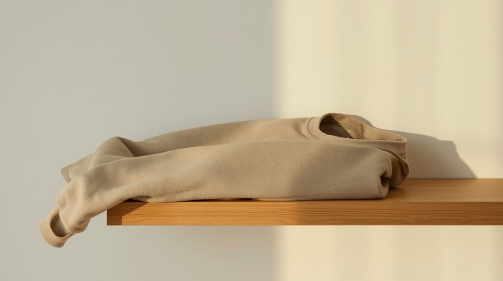 Neutral colored oversized crewneck pullover sweatshirt casually folded on natural wood shelf against clean white wall in warm soft light