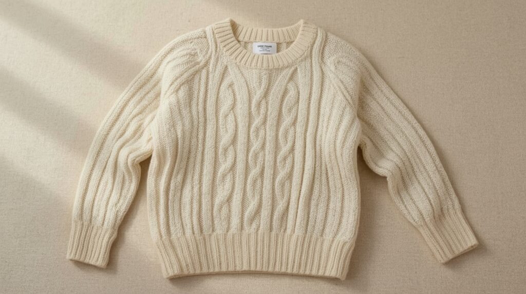 Oatmeal colored lightweight cable knit classic pullover sweater neatly folded on natural linen surface in soft warm diffused light