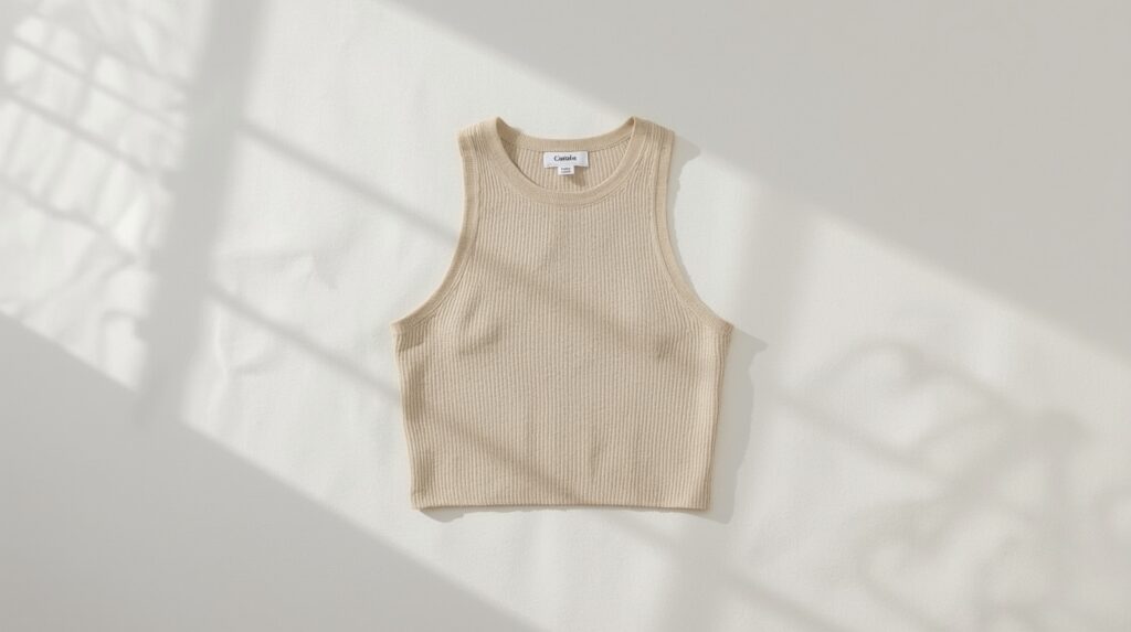 Oatmeal colored ribbed fitted sleeveless scoop neck tank top laid flat on white linen surface in soft diffused natural light