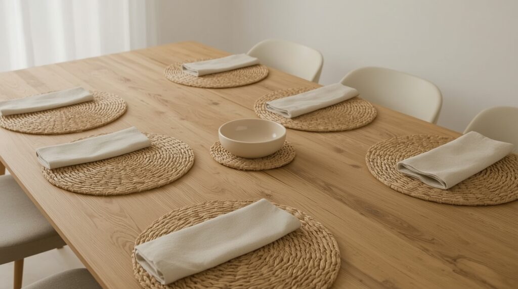 Round natural water hyacinth woven placemats and coasters on minimal oak dining table with ceramic bowl centerpiece and neutral linen napkin in warm natural light