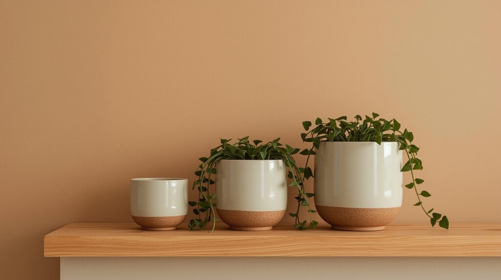 Set of three graduated beige reactive glaze ceramic plant pots with green trailing plants arranged on natural wood shelf against warm neutral wall in soft diffused light