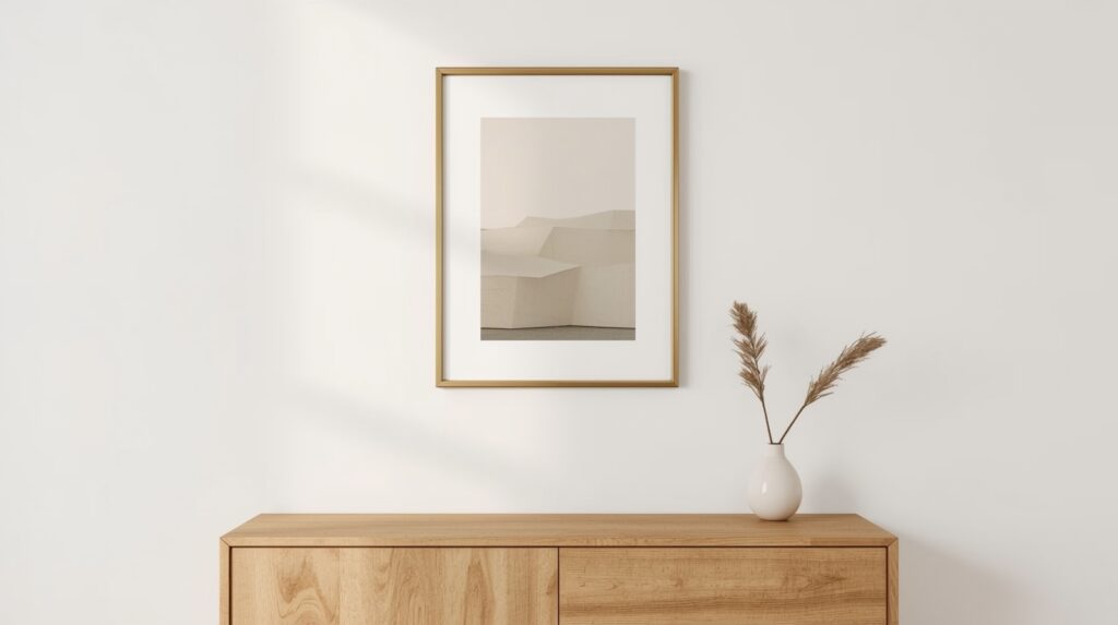 Single gold aluminum picture frame with abstract neutral art print mounted on white wall above minimal natural wood console with ceramic vase and dried stem in warm japandi interior