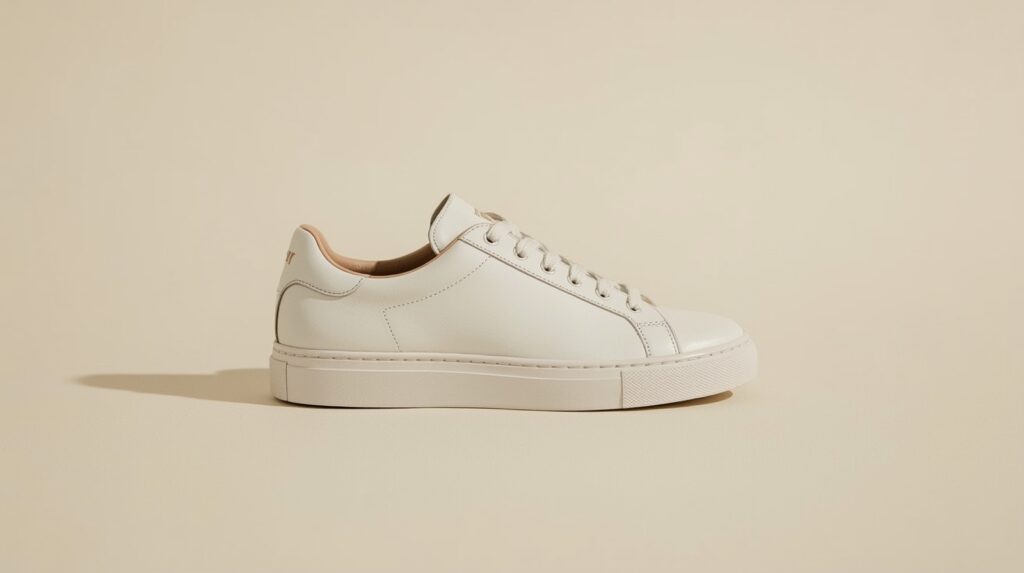 Single white leather low profile PUMA Carina sneaker on clean white minimal surface with soft warm side light and subtle shadow detail