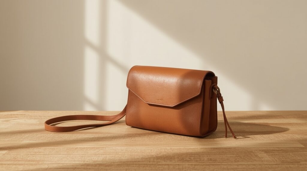 Small tan leather triple zip crossbody purse on natural wood surface with soft warm side light against clean neutral background