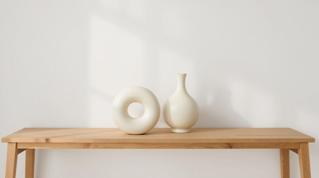 Two cream white matte ceramic donut vases grouped on natural wood console shelf against clean white wall in soft natural light