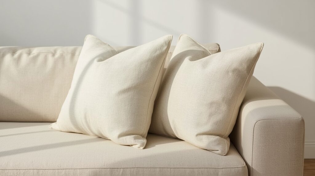 Two natural beige linen euro pillow shams stacked against minimal linen sofa in warm oatmeal and cream tones in japandi living room