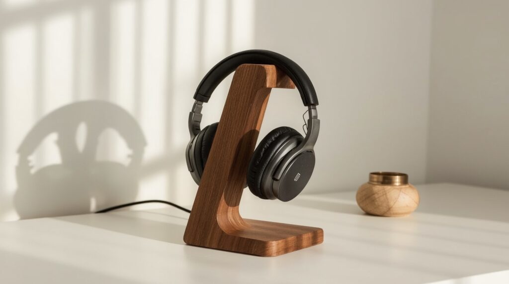 SAMDI walnut wood headphone stand with over ear headphones resting on it on minimalist white desk with warm afternoon side light and small ceramic object beside it