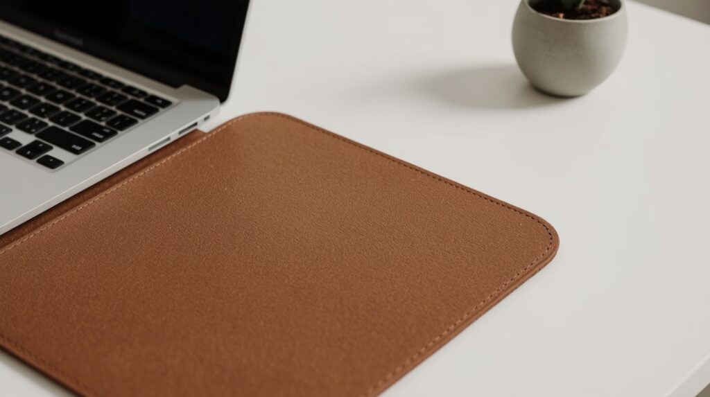 Brown PU leather and natural cork desk mat on white minimalist desk with MacBook edge and ceramic pot in neutral tones