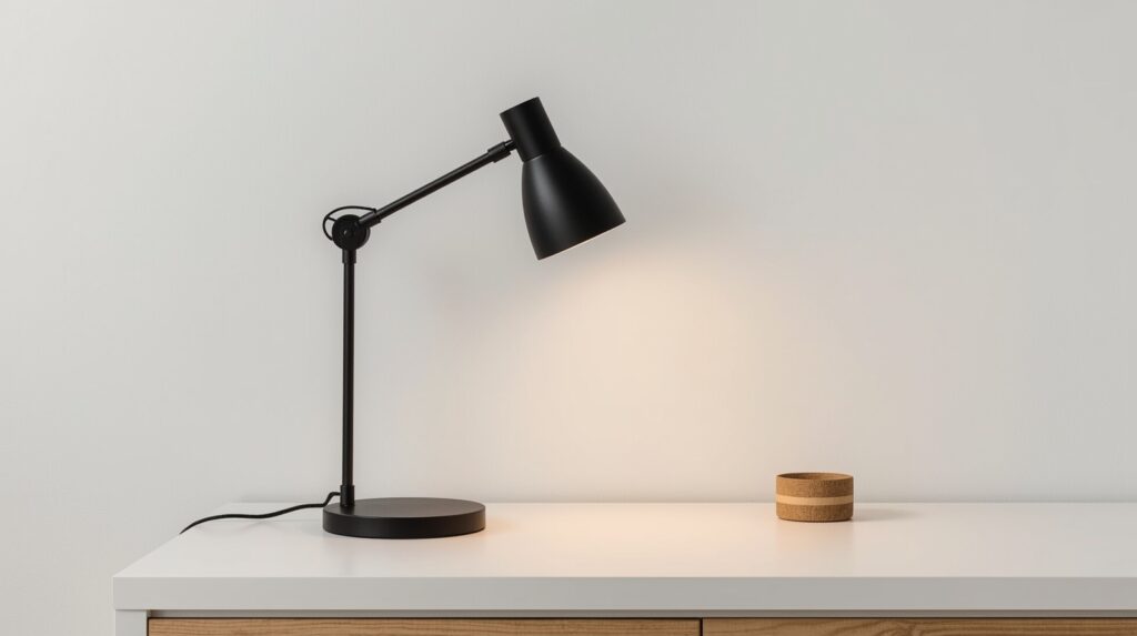 O'Bright Astrum matte black adjustable LED desk lamp with warm glow on minimalist white desk with natural wood surface