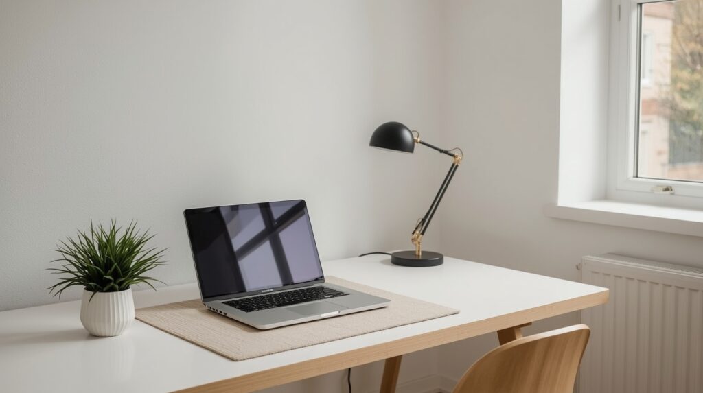 minimalist clean desk setup with neutral tones and simple tech accessories