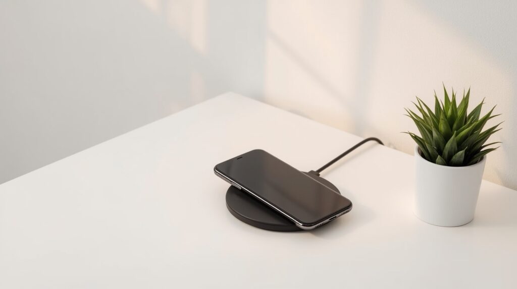 Belkin black wireless charging pad with iPhone charging on white minimalist desk beside small white ceramic plant pot in neutral tones
