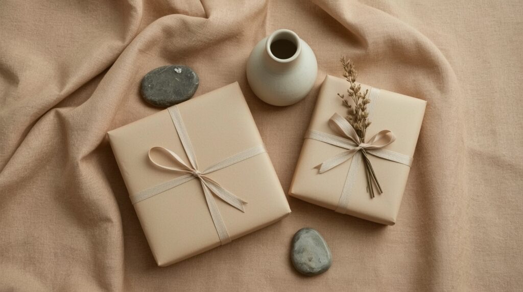 Japandi styled gift flat lay with natural kraft paper wrapped gifts tied with linen ribbon, small ceramic vase, dried botanical sprig and smooth river stones on warm oatmeal linen surface