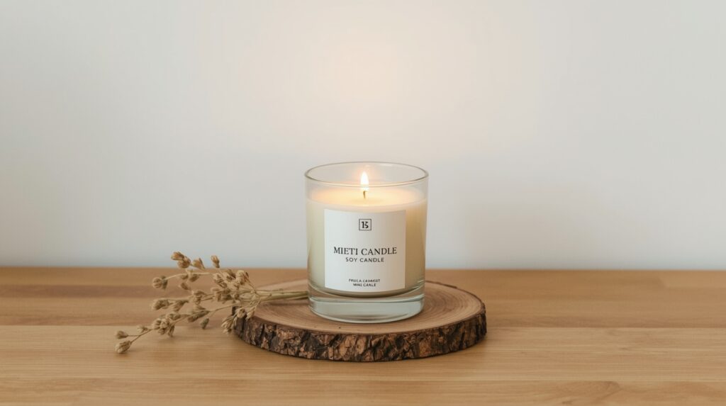 Minimal clear glass soy candle jar glowing softly on natural wood surface beside single dried botanical sprig against clean white wall in japandi wabi-sabi setting
