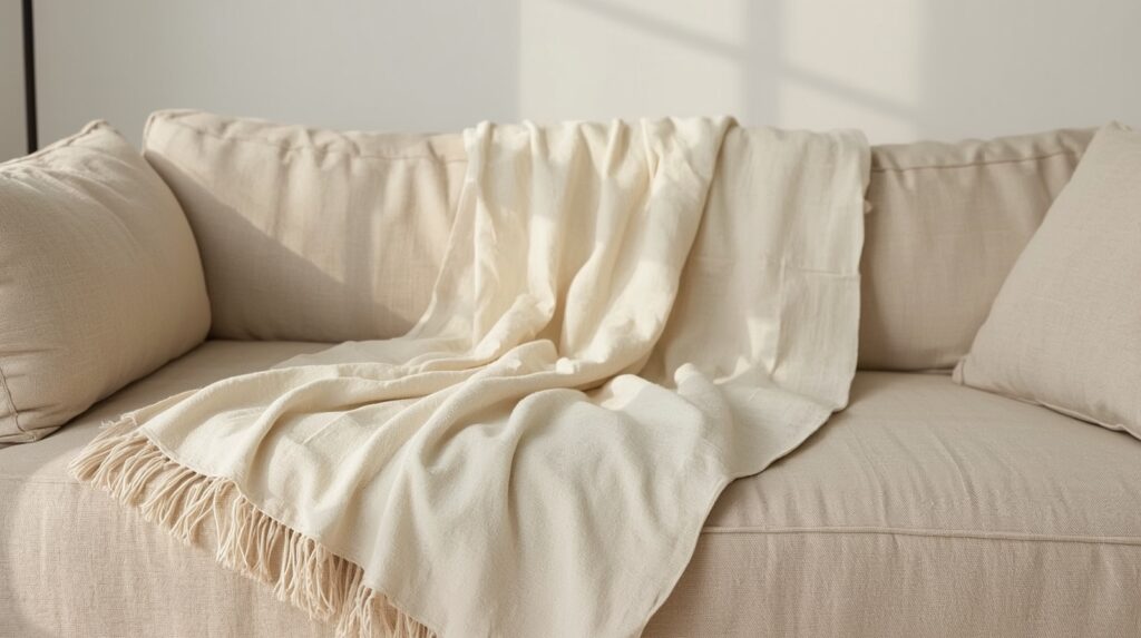 Oatmeal khaki organic cotton muslin throw blanket loosely folded on natural linen sofa in warm afternoon light with cream and tan tones in minimal japandi living room
