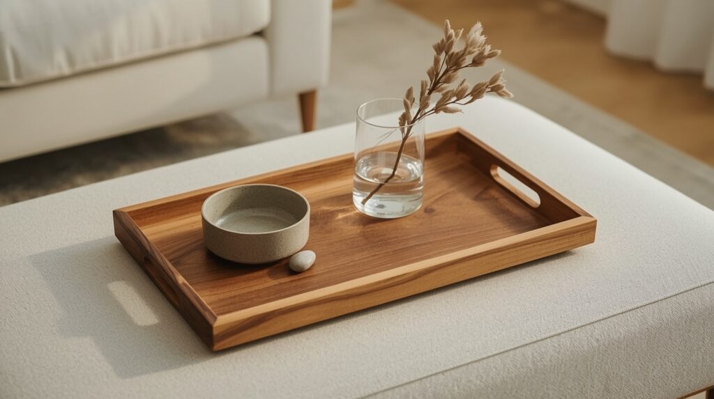 Rectangular acacia wood serving tray on neutral linen coffee table styled with small ceramic bowl, single dried botanical stem and smooth stone in warm natural light