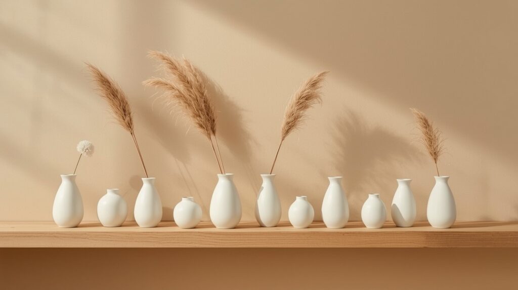 Ten small white ceramic bud vases in varying heights grouped on natural wood shelf with single dried pampas grass stems against warm neutral wall in soft natural light