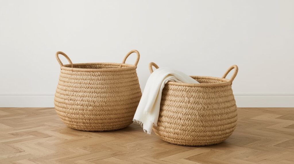 Two hand woven jumbo seagrass baskets with wooden handles on natural wood floor, one filled with folded cream linen blanket, in warm soft natural light against white wall