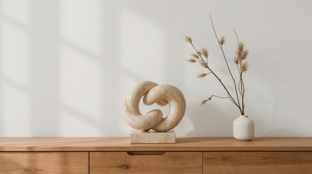 Beige marble sculptural link knot decorative object on natural wood console shelf beside small ceramic vase against clean white wall in soft natural side light