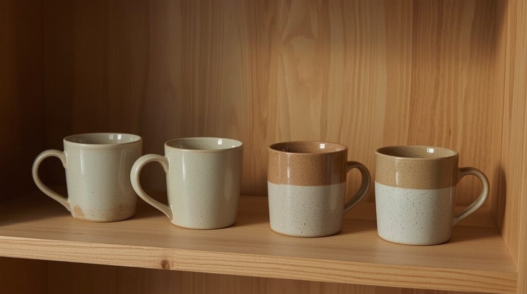 Four large stoneware latte mugs in assorted neutral tones of cream, oatmeal, taupe and sand arranged on natural wood shelf in warm soft light