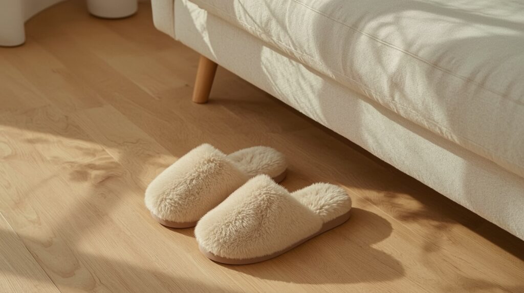 Pair of cozy neutral fuzzy memory foam slip on slippers on natural wood floor beside minimal linen sofa in warm soft morning light with cream and oatmeal tones