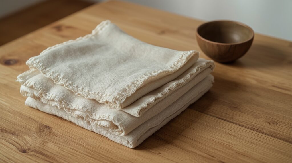 Stack of natural flax linen hemstitched dinner napkins on minimal oak dining table beside single ceramic bowl in warm soft natural light
