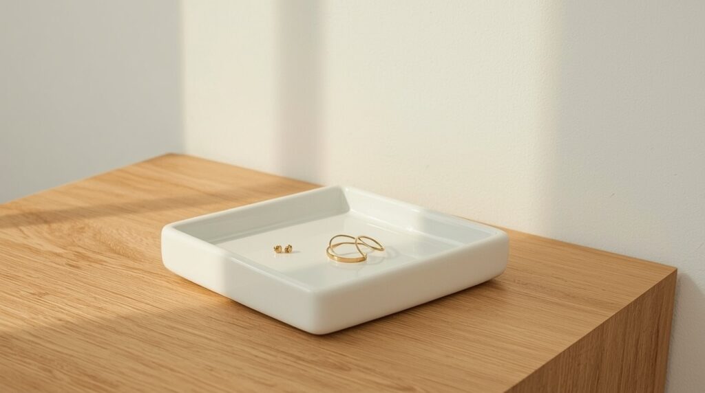 White ceramic rectangular jewelry dish on minimal oak vanity surface with single gold ring and small earrings resting inside in soft warm side light