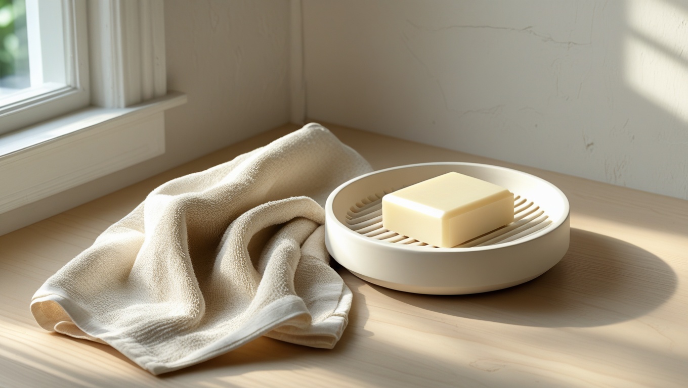 A matte neutral ceramic soap dish with drainage ridges resting on a stone bathroom sink edge in soft natural light