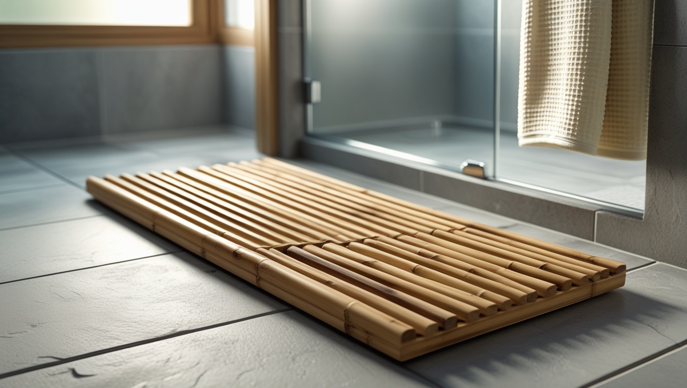 A natural bamboo wood slat bath mat on pale grey bathroom tiles beside a glass shower in warm morning light