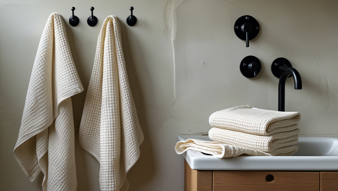 Organic undyed waffle weave hand towels in natural linen tones draped over a matte black hook against a cream plaster wall