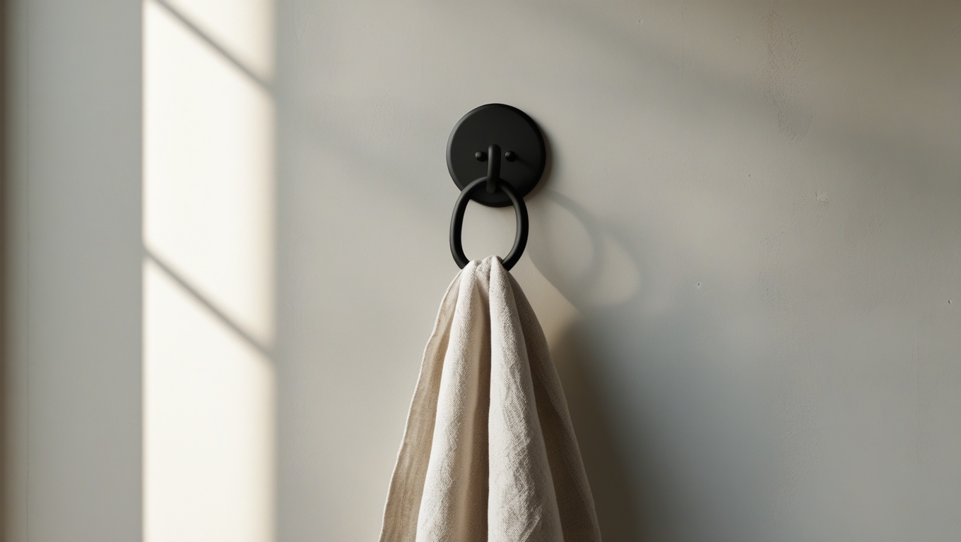 A matte black minimalist wall hook mounted on an off-white plaster wall with a natural linen towel hanging from it