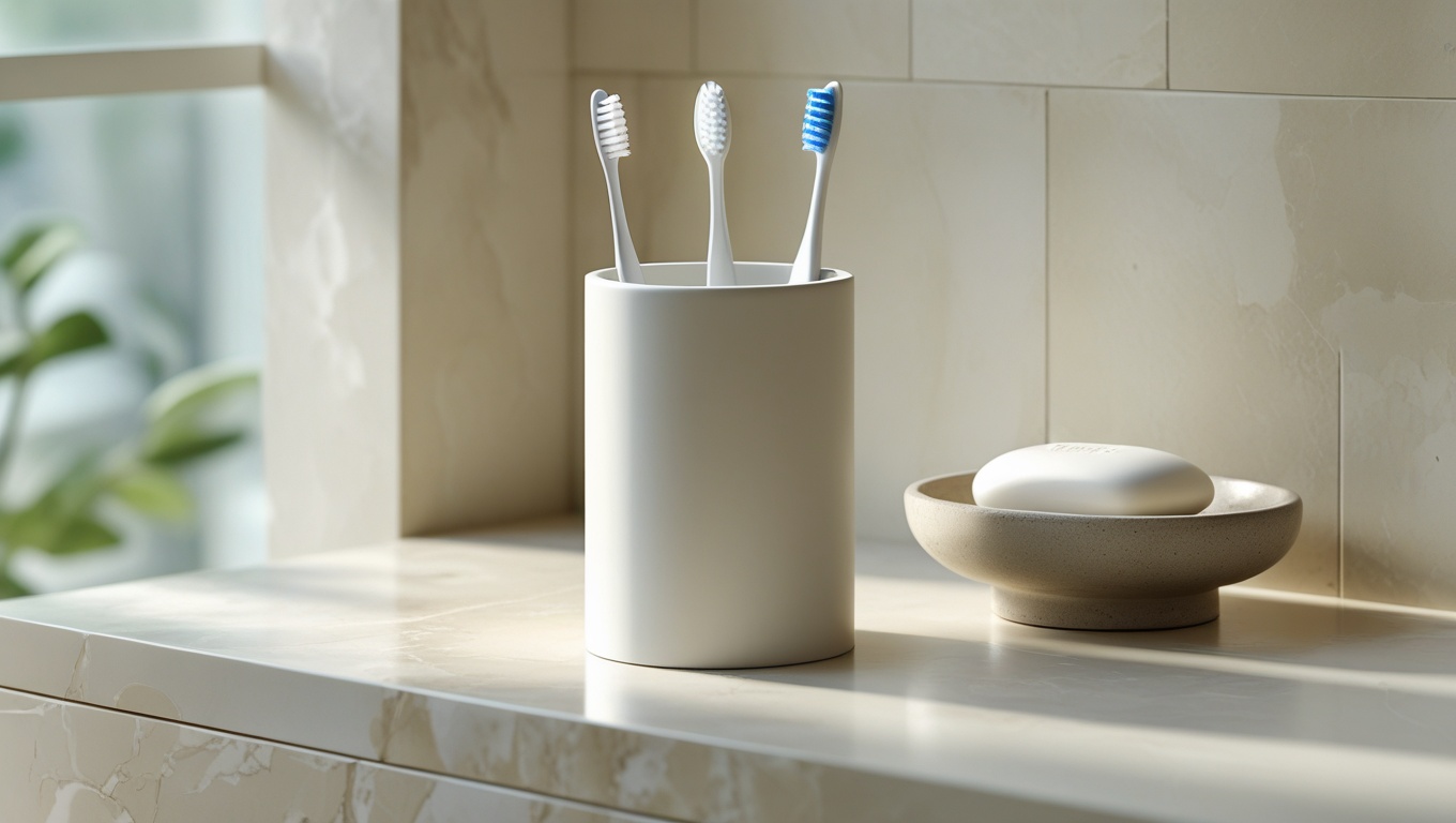 A white cylindrical porcelain toothbrush holder on a light stone bathroom counter beside a ceramic soap dish in soft natural light