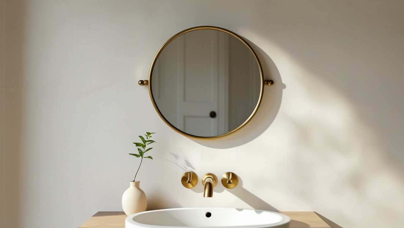 A small round brass-framed wall mirror mounted on a cream plaster bathroom wall above a light wood shelf with ceramic accessories